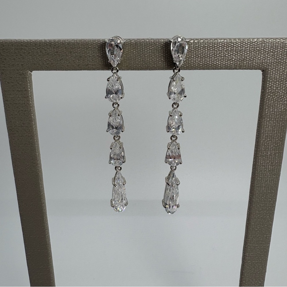 Long Clear Cubic Zirconia Bridal Wedding Prom Dangle Silver Tone Earrings